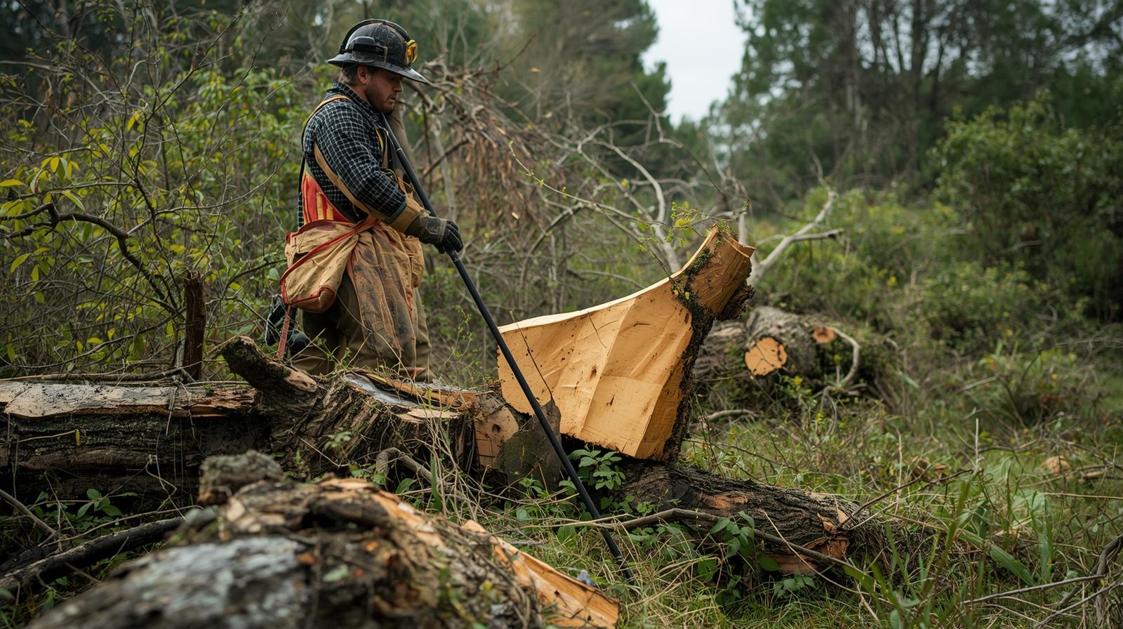 Débitage et évacuation rapide d'un arbre tombé sur une voie d'accès dans les Landes (40) après un épisode venteux.