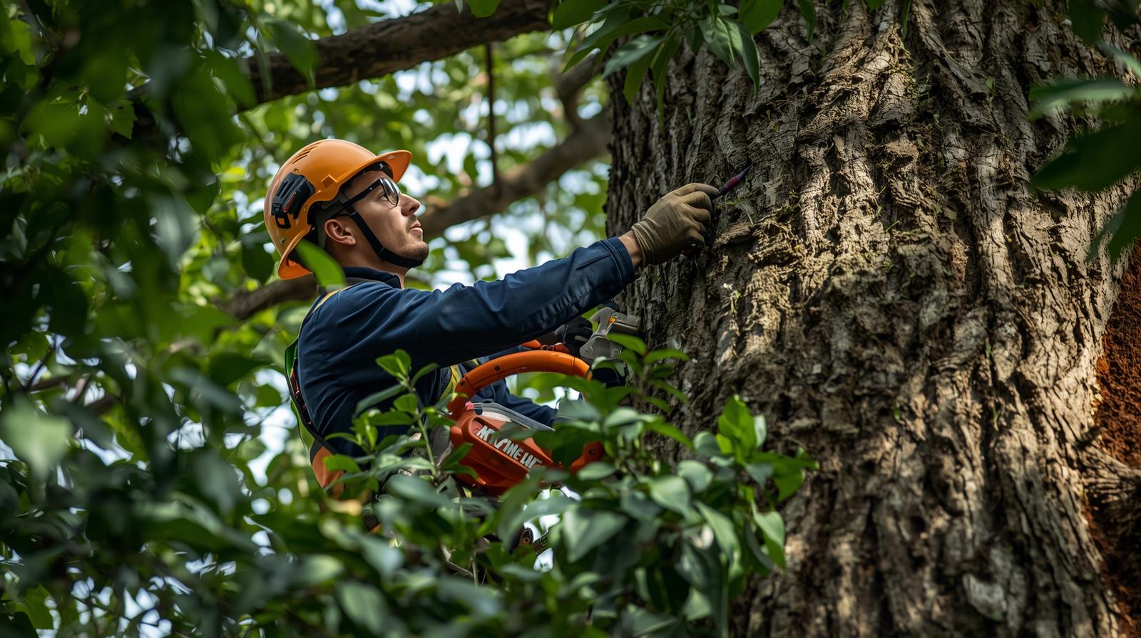Élagueur-grimpeur effectuant un démontage avec rétention de branches au-dessus d'une toiture à Capbreton.
