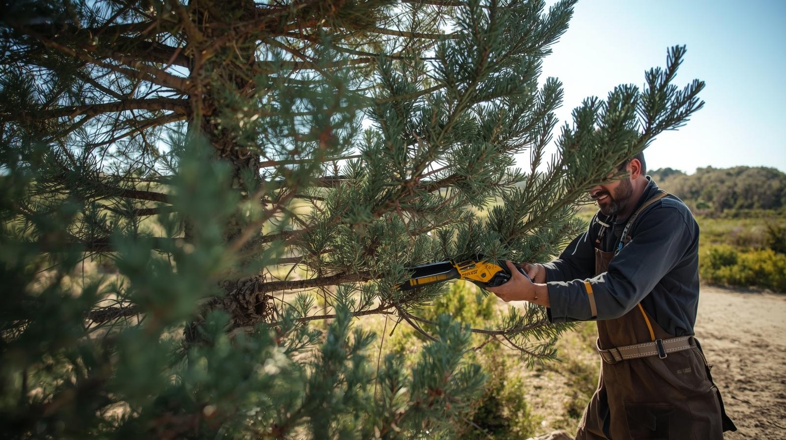 Taille d'entretien sur un chêne-liège dans un jardin privé à Capbreton, protection contre les embruns marins.