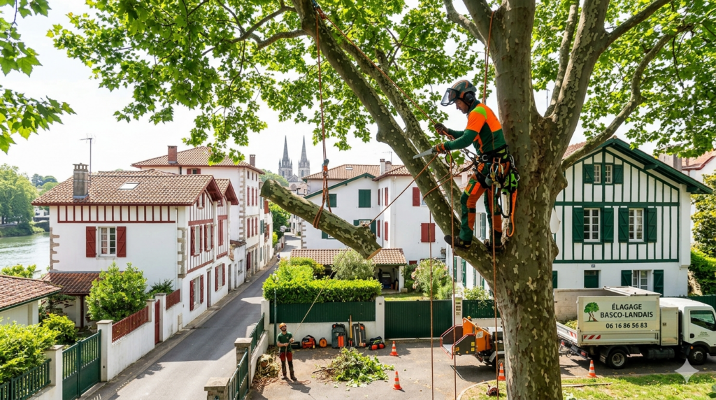 Élagueur à Bayonne : Un élagueur-grimpeur professionnel en action à Bayonne, réalisant le démontage sécurisé d'un grand arbre à proximité de maisons basques traditionnelles.