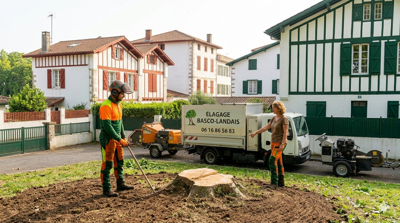 Résultat final d'un élagage à Bayonne avec un jardin impeccable et la souche rognée, devant une maison traditionnelle basque.
