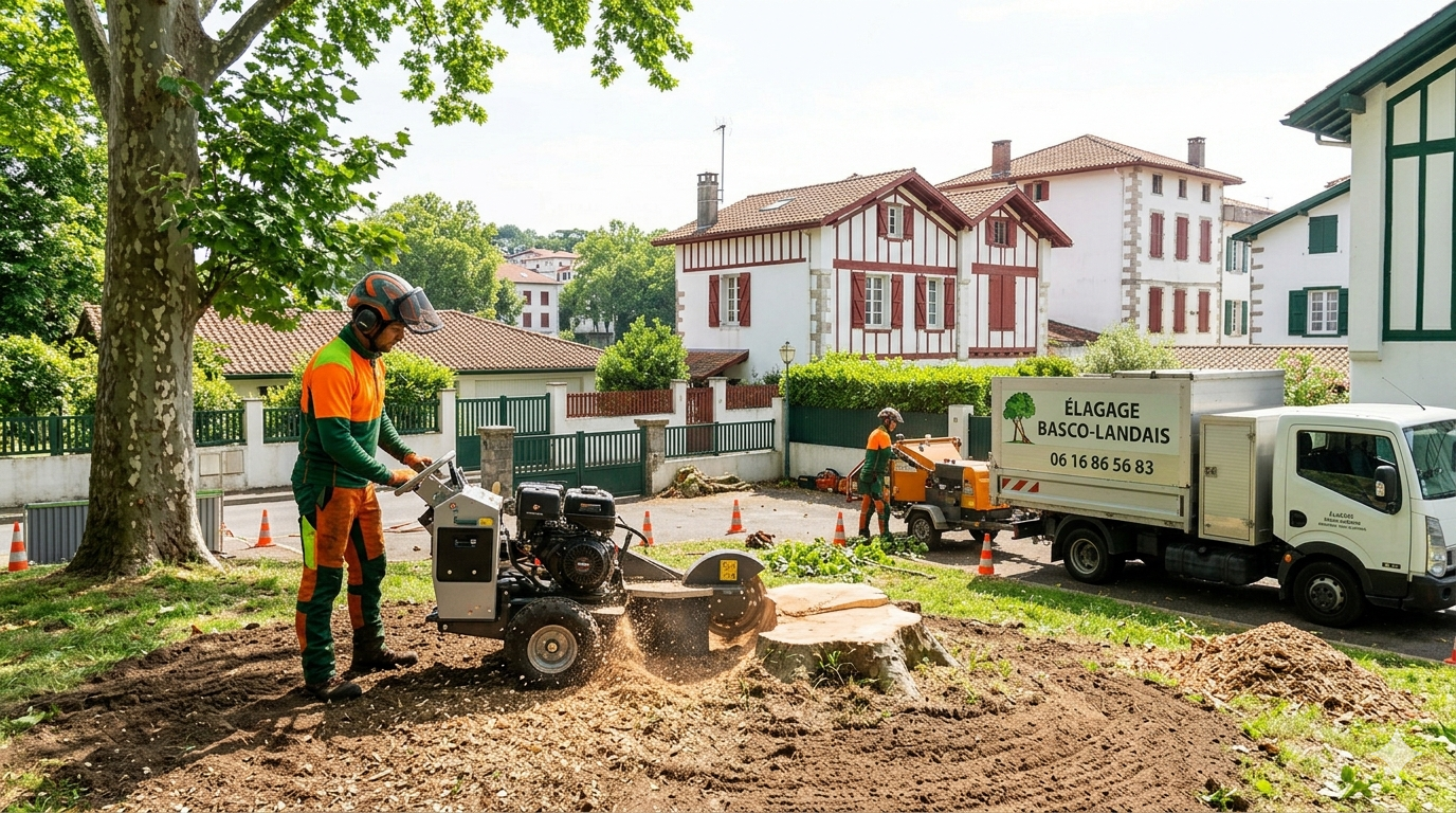 Action de rognage de souche d'un grand arbre à Bayonne par l'équipe d'Élagage Basco-Landais, avec broyage des branches pour un jardin impeccable.