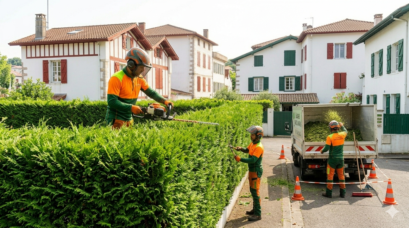 Action de taille de haie architecturale par un paysagiste expert à Bayonne, devant une maison traditionnelle basque avec un jardin parfaitement entretenu.