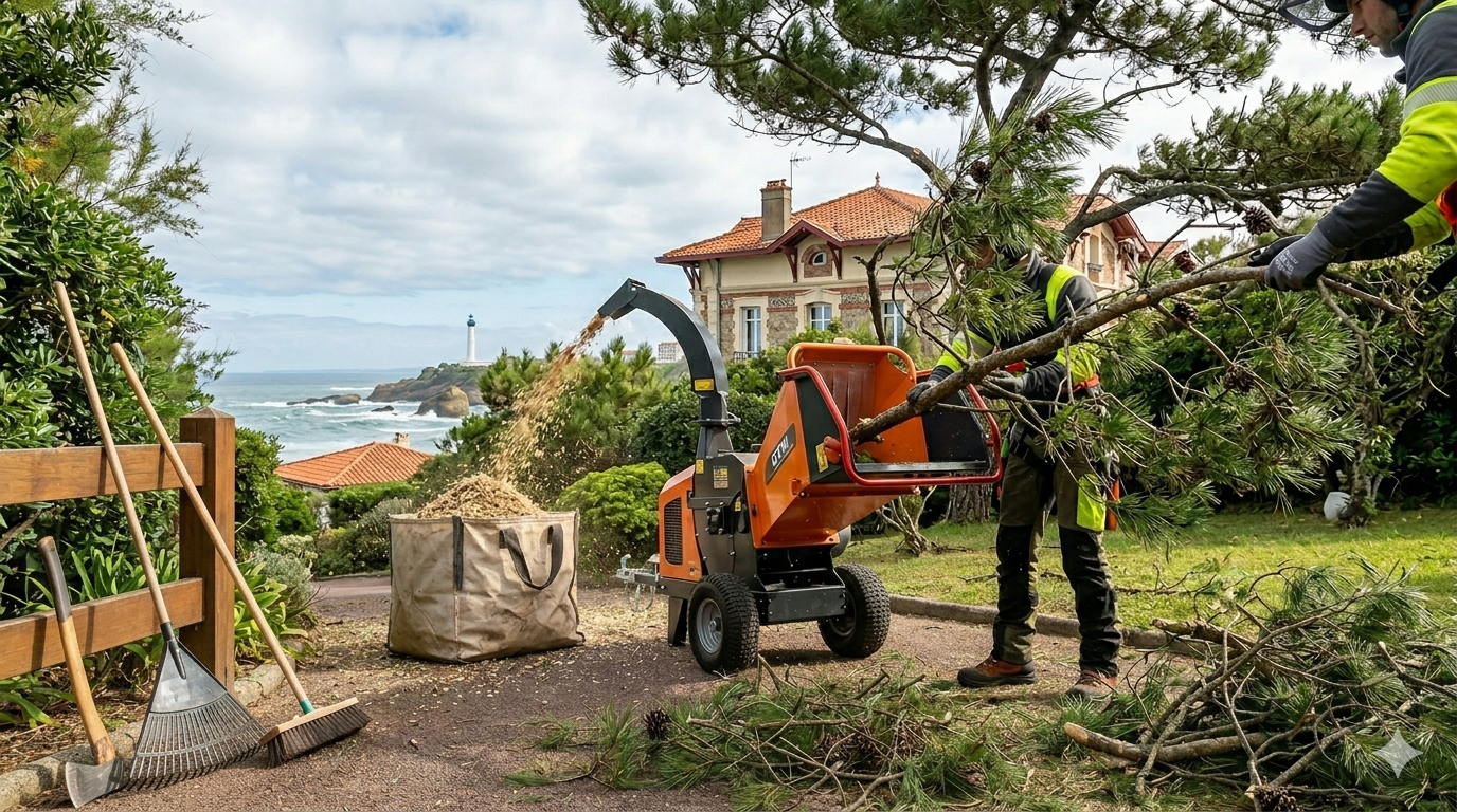Broyeuse professionnelle de végétaux en action dans un jardin à Biarritz, transformant des branches de pin maritime après élagage.