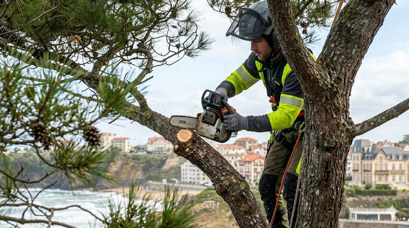 Arboriste grimpeur de précision réalisant un élagage délicat sur un pin maritime à Biarritz, Côte Basque.