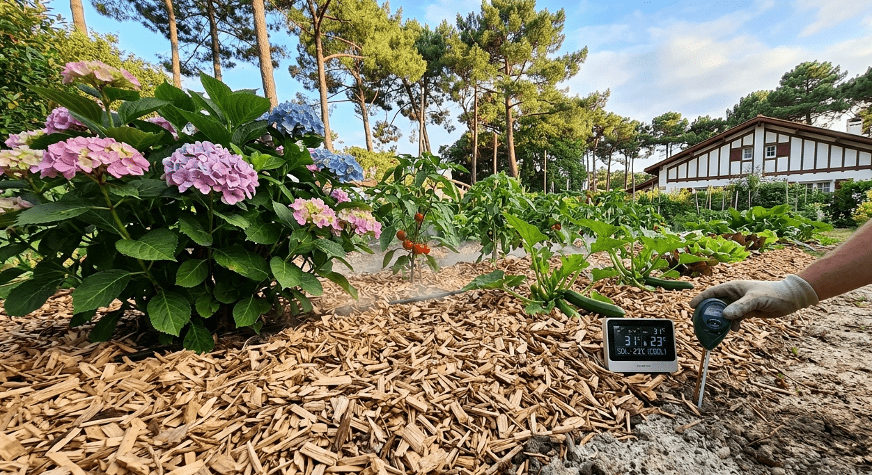 Photographie d'un jardin à Anglet montrant une épaisse couche de paillage de broyat (5-10 cm) autour d'hortensias et de tomates. Une main tient un thermomètre de sol dont l'écran indique 'AIR: 31°C | SOIL: 23°C (COOL)', prouvant la régulation thermique et la rétention d'eau sur sol sablonneux.