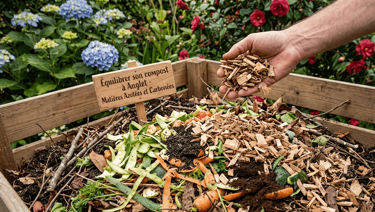 Photographie en gros plan d'une main mélangeant des copeaux de bois (matière carbonée) et des déchets de cuisine verts (matière azotée) dans un bac à compost. Un panneau en bois indique 'Équilibrer son compost à Anglet - Matières Azotées et Carbonées', avec des hortensias en arrière-plan.