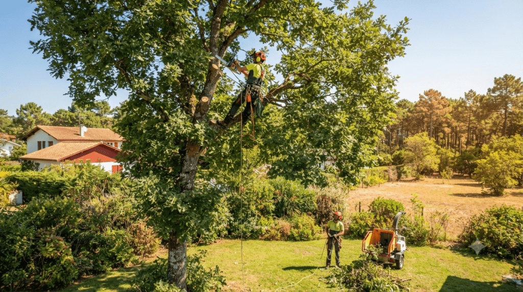 Élagage à Dax en août : Arboriste-élagueur équipé intervenant sur un arbre dans le jardin d'une propriété à Dax (Landes) en été.